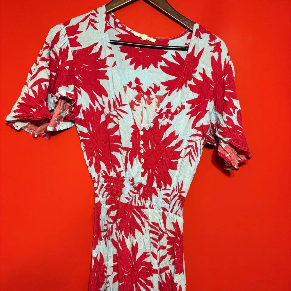 Abel‎ The Label XS Maxi Dress Floral Red Blue Rayon Button Front High Low Hem